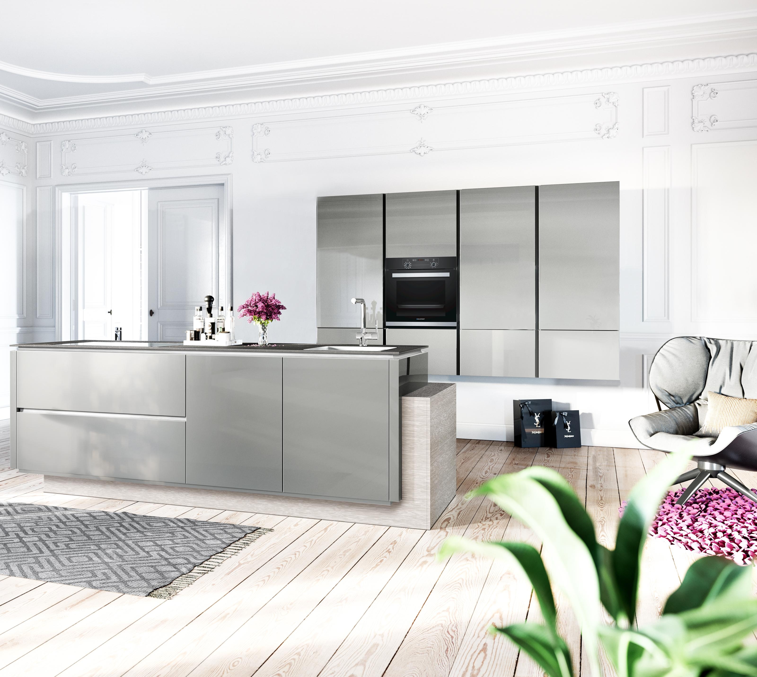 graue moderne Küche mit Küchenzeile und Kücheninsel